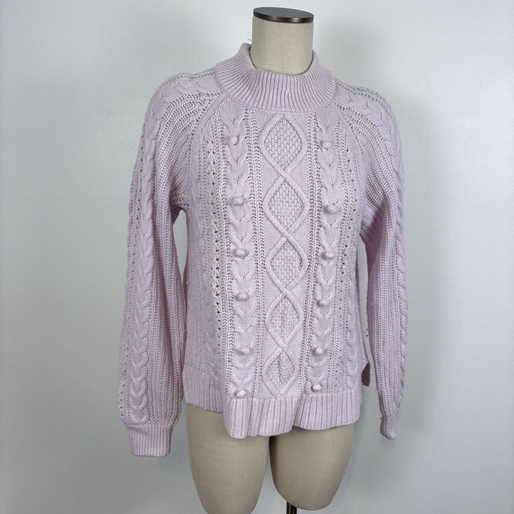 J Crew Pom Pom Cable Knit Mock Neck Sweater VTG Lilac Womens L Azra Wool Blend - Picture 3 of 9